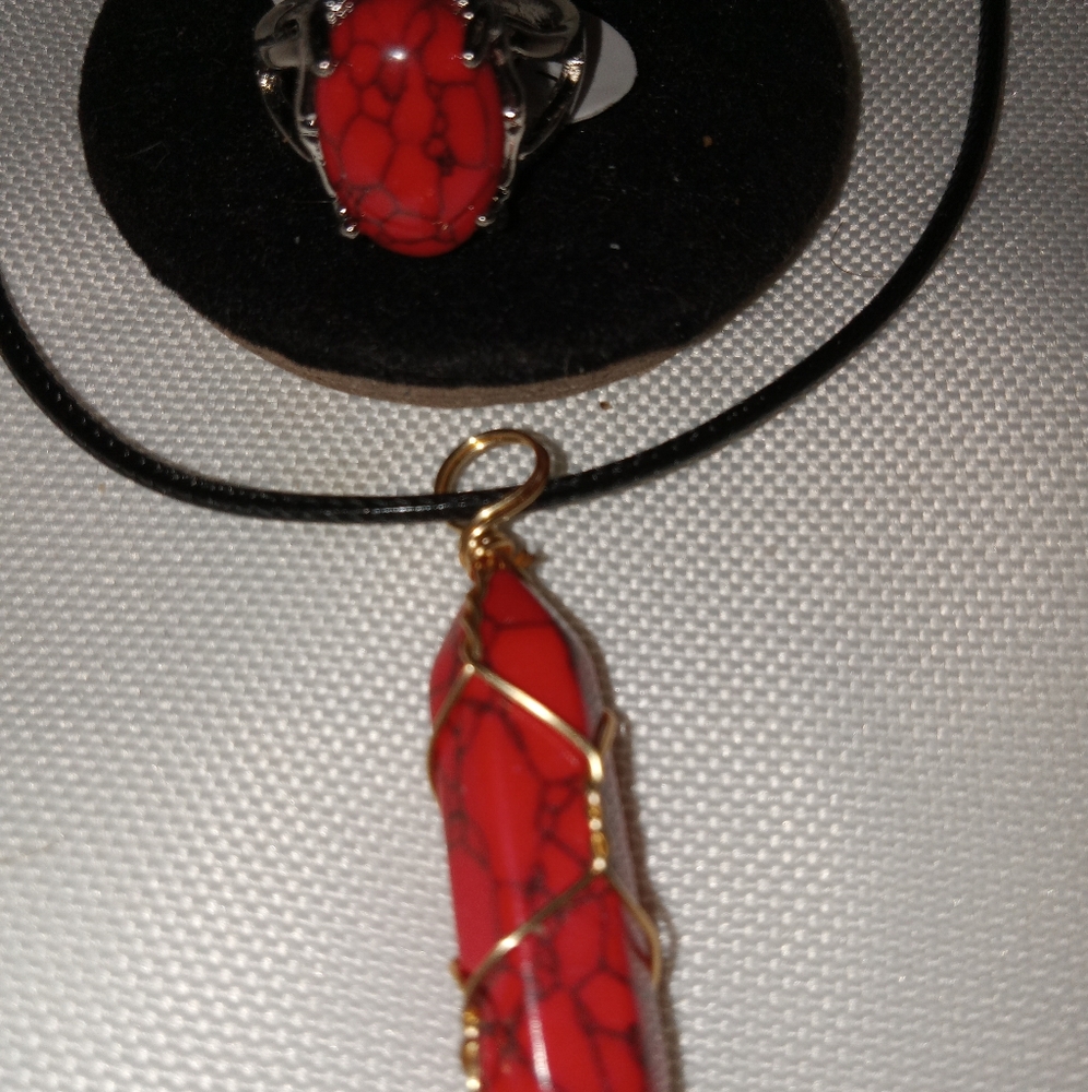 Matching Necklace and Ring Set w/Red Ring &Pendant on Black Cord